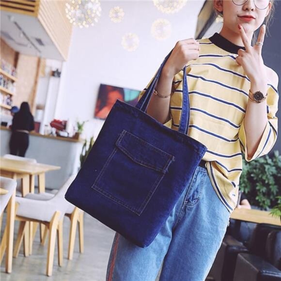 denim Shoulder Bag Large Capacity Zipper Closure Casual Tote- Picture 1 - Picture 5 of 8